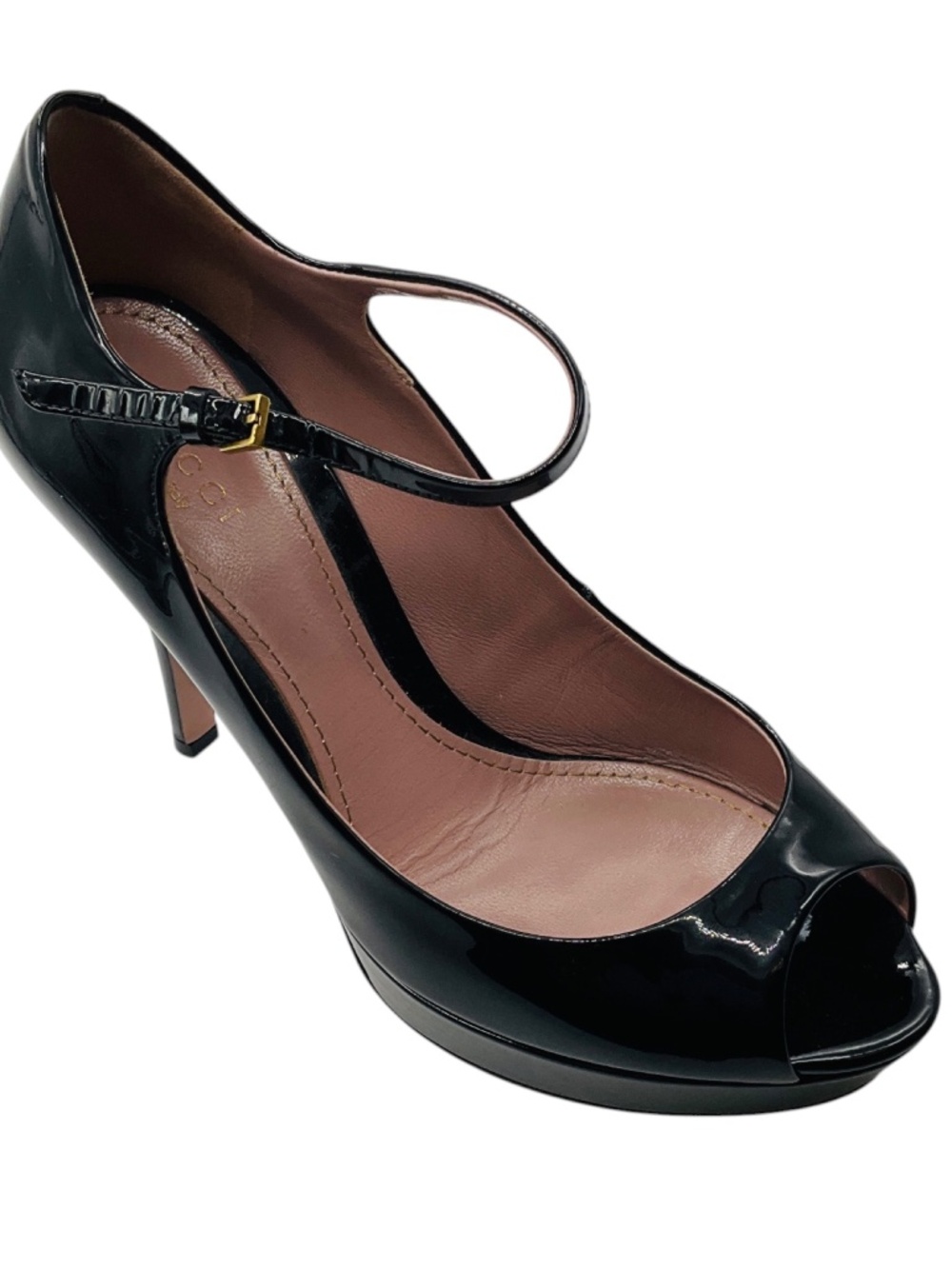 GUCCI BLACK OPEN TOE PATENT LEATHER MARY JANE PUMPS